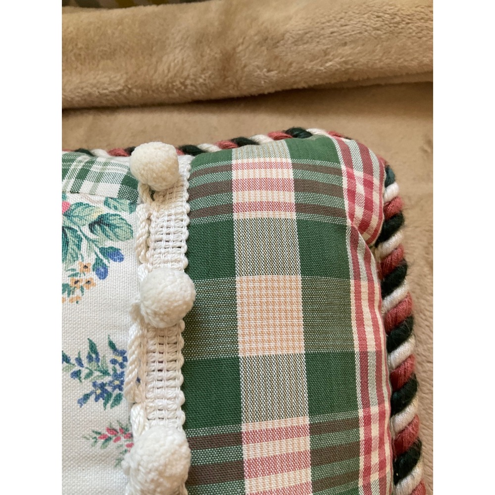 Vintage Floral Plaid Decorative Throw Pillow Pom Pom Trim Rope Edge Green Pink - Picture 7 of 11